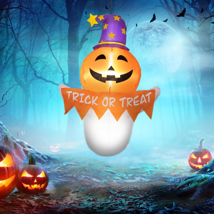 Inflatable Halloween window ghost with purple star hat, jack-o’-lantern face, “Trick or Treat”