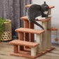 Brown 4-level cat step with scratching posts and platforms; grey-and-white cat resting