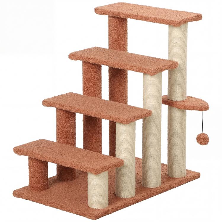 Brown and beige 4-level cat steps with scratching posts, platforms, and hanging ball