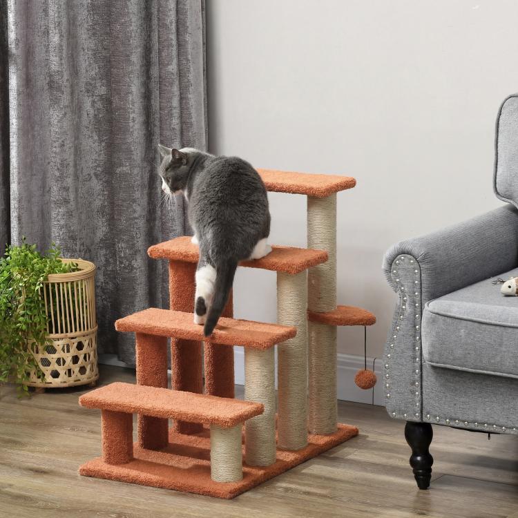 Brown cat staircase with carpet platforms, sisal posts, and a cat on a step