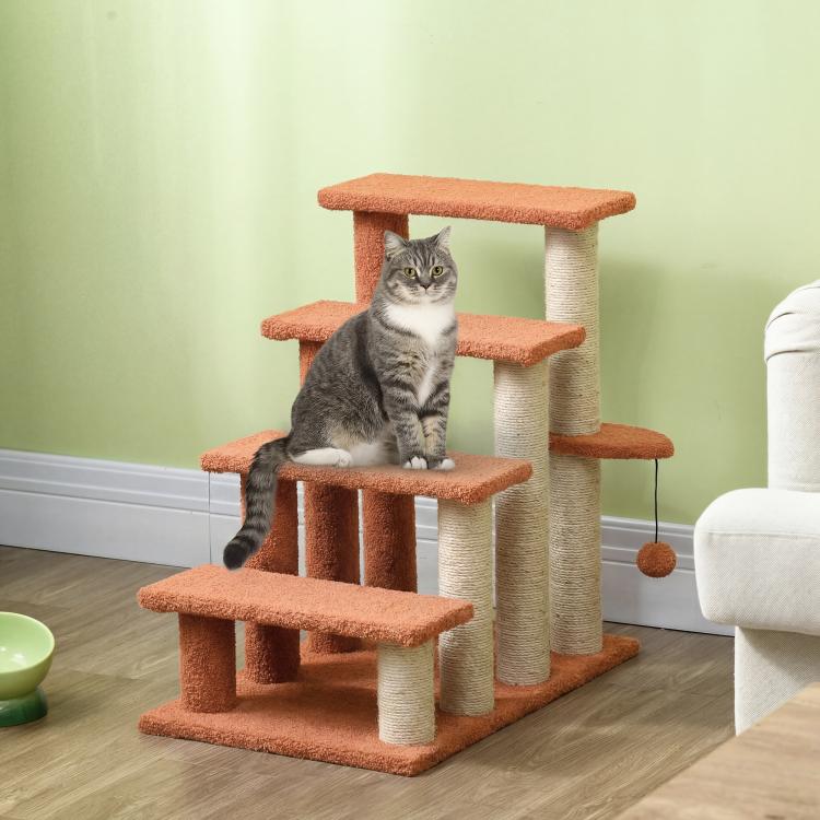 Brown cat step tower with four carpeted levels and hanging ball