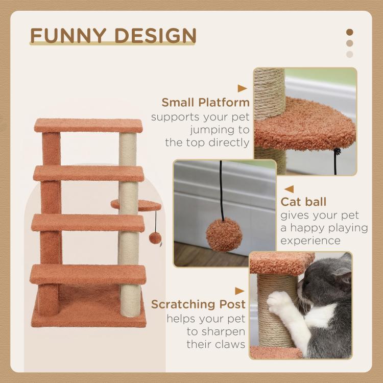 Brown 4-level cat step tower with scratching post, cat ball, and small platform
