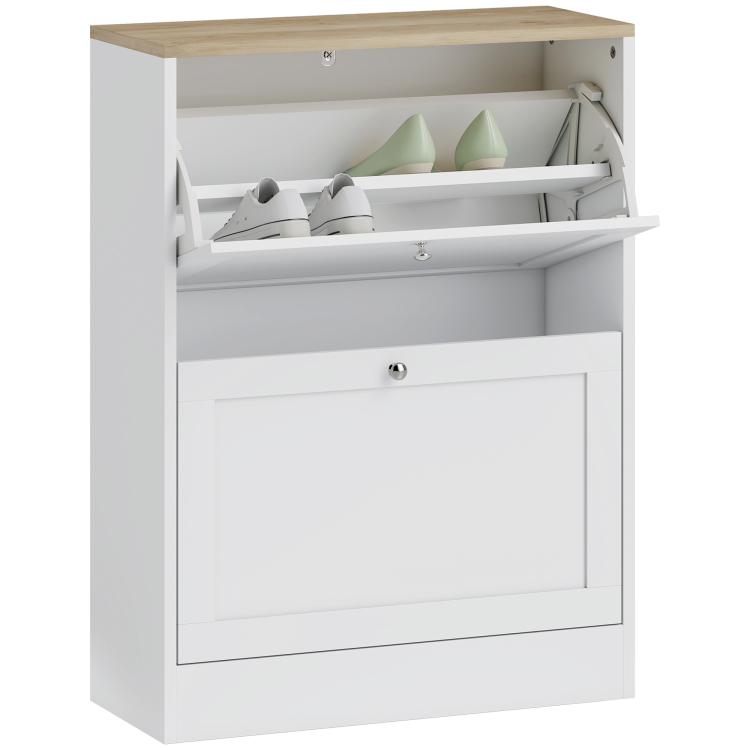 White slim shoe cabinet with two flip drawers and open compartments for shoes
