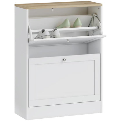 White slim shoe cabinet with two flip drawers and open compartments for shoes