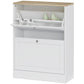 White shoe cabinet with two flip drawers opened, showing interior shelves for shoes