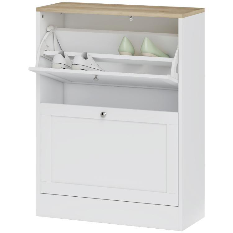 White shoe cabinet with two flip drawers opened, showing interior shelves for shoes