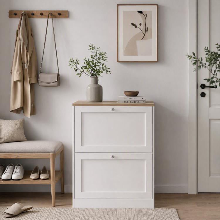 White slim shoe storage cabinet with two flip drawers and open storage shelves