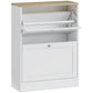 White shoe storage cabinet with open flip drawer showing interior shelf and upper compartment