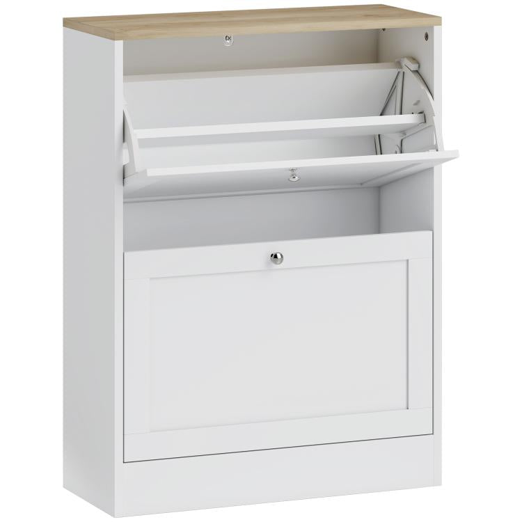 White shoe storage cabinet with open flip drawer showing interior shelf and upper compartment