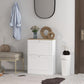 White shoe storage cabinet with two stacked doors, modern slim profile