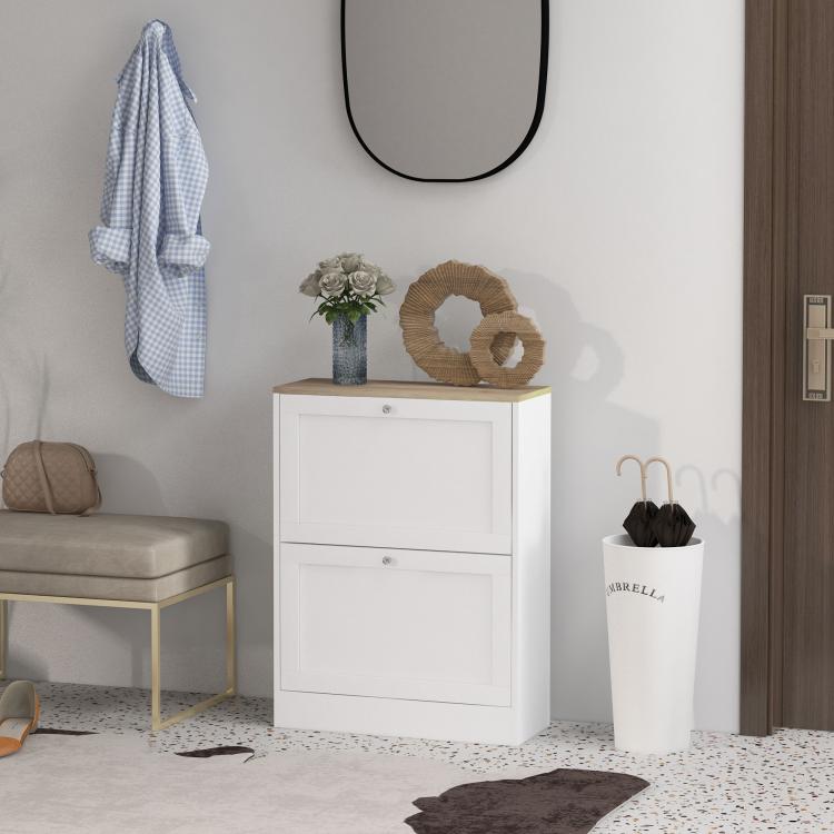 White shoe storage cabinet with two stacked doors, modern slim profile
