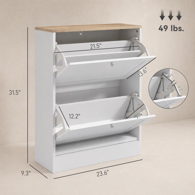 White shoe cabinet with flip drawers open, multiple interior shelves
