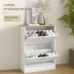 White slim shoe cabinet with open flip drawers and rows of shoe storage