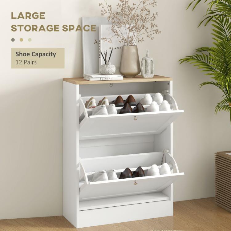 White slim shoe cabinet with open flip drawers and rows of shoe storage