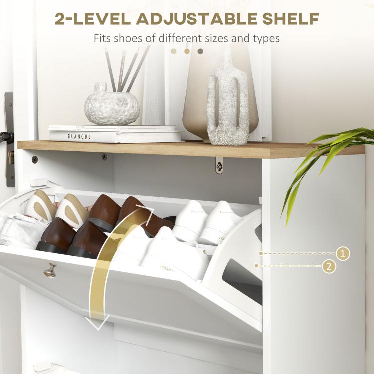 White shoe cabinet interior with 2-level adjustable shelf for different shoe sizes