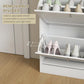 Open white shoe cabinet with removable divider inside for boots and high heels