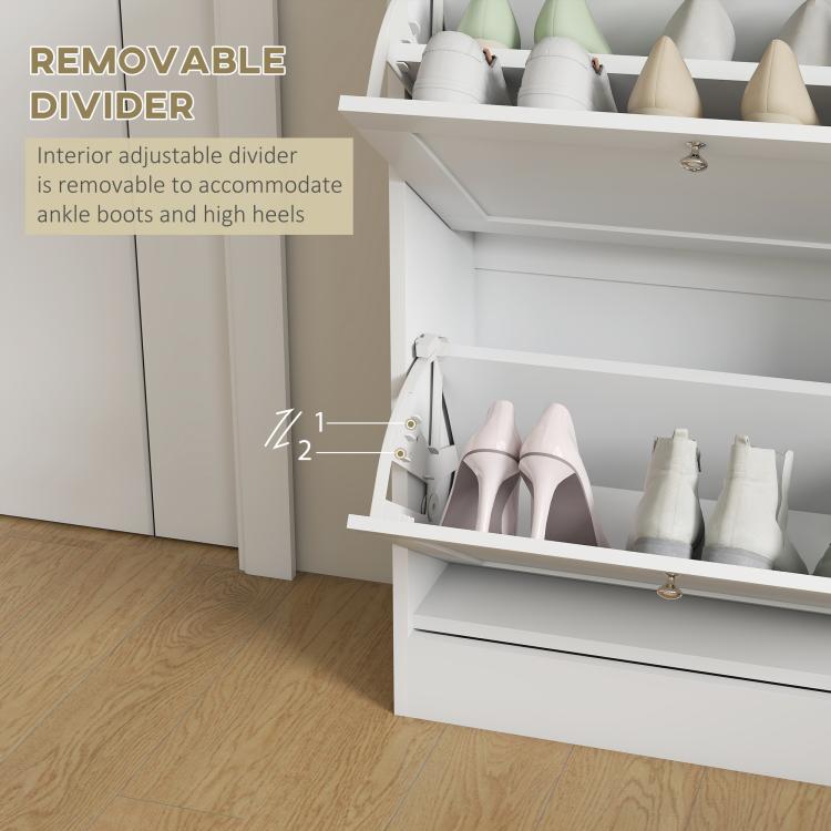 Open white shoe cabinet with removable divider inside for boots and high heels