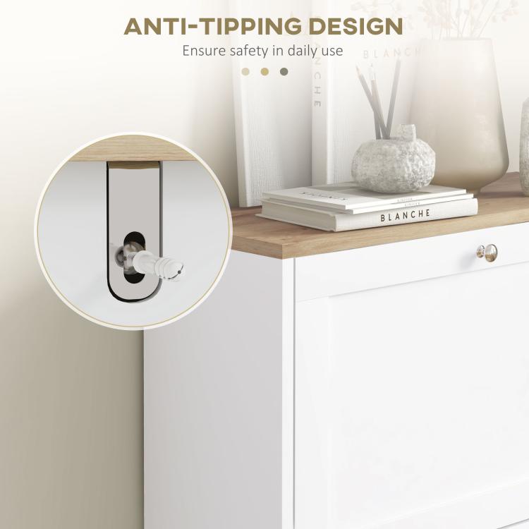 White shoe cabinet with anti-tipping hardware detail on the top edge