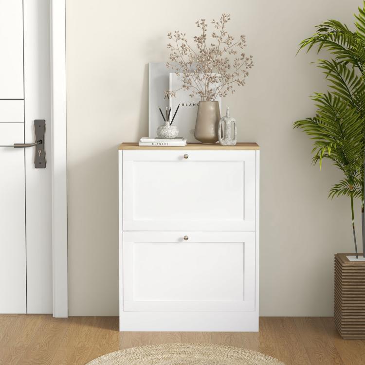 White slim shoe storage cabinet with flip drawers and smooth front panel doors