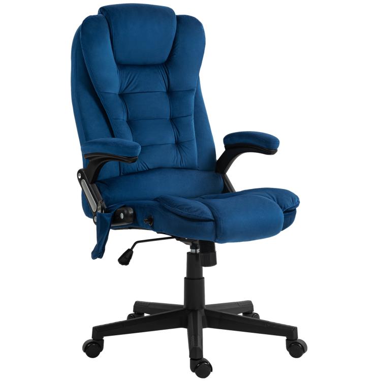 Blue high-back office chair with footrest, padded arms, and wheeled base