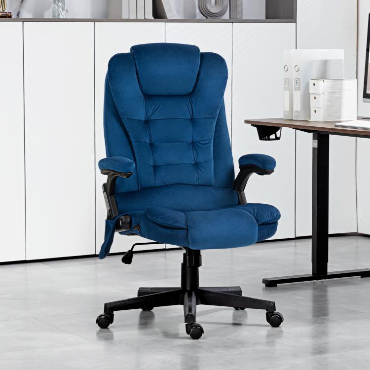 Dark blue executive office chair with high back, cushioned seat, and swivel base