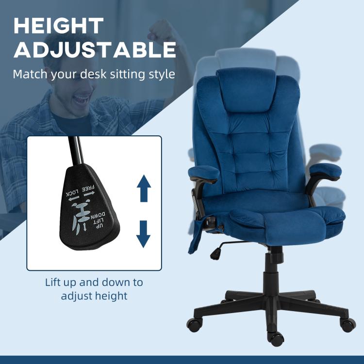 Dark blue height-adjustable office chair with control knob and padded backrest