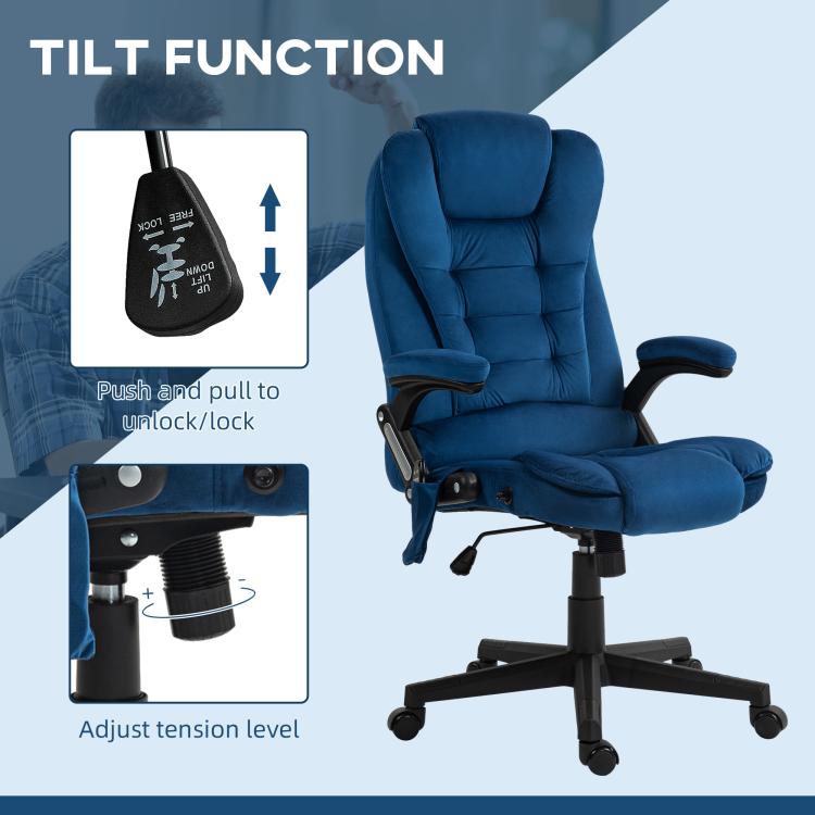 Dark blue tilting office chair with tension control lever and swivel base