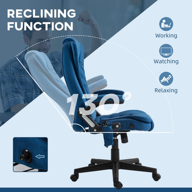 Dark blue reclining office chair with angled back and seat position diagram