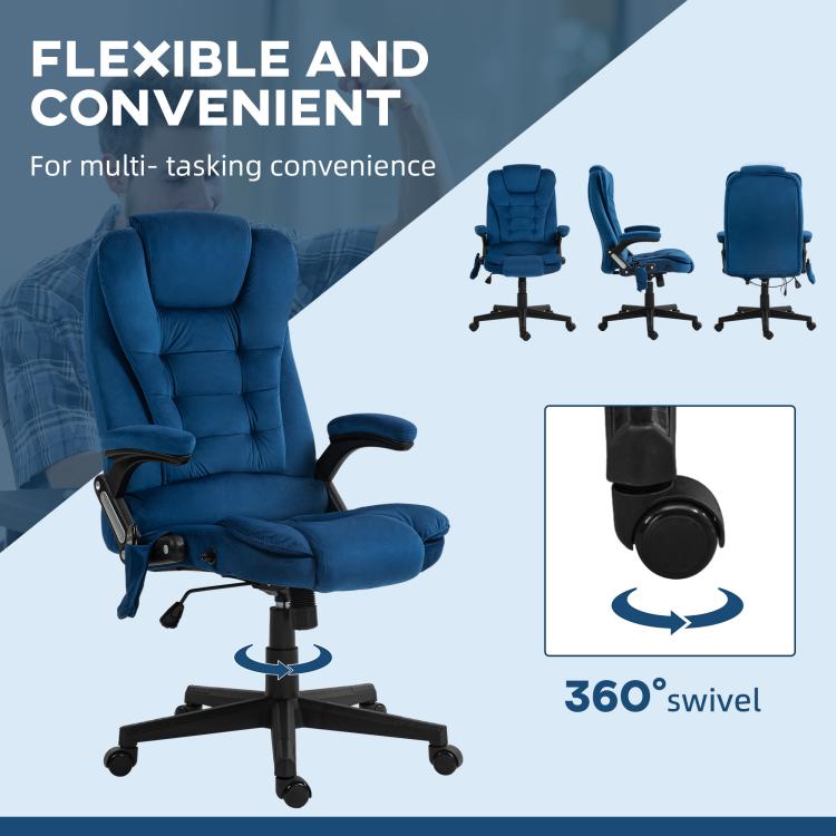 Dark blue swivel executive office chair with armrests, base wheels, and seat adjustment