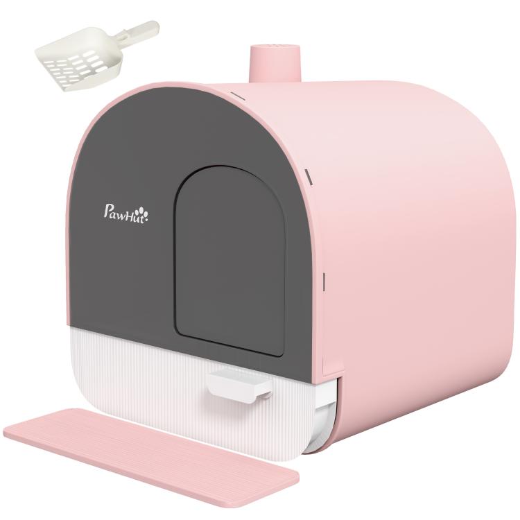 Pink enclosed cat litter box with dark front door panel and built-in scoop holder