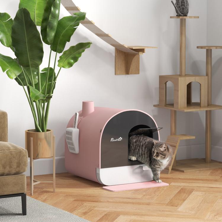 Pink covered cat litter box with gray entry door, side scoop, and open base tray