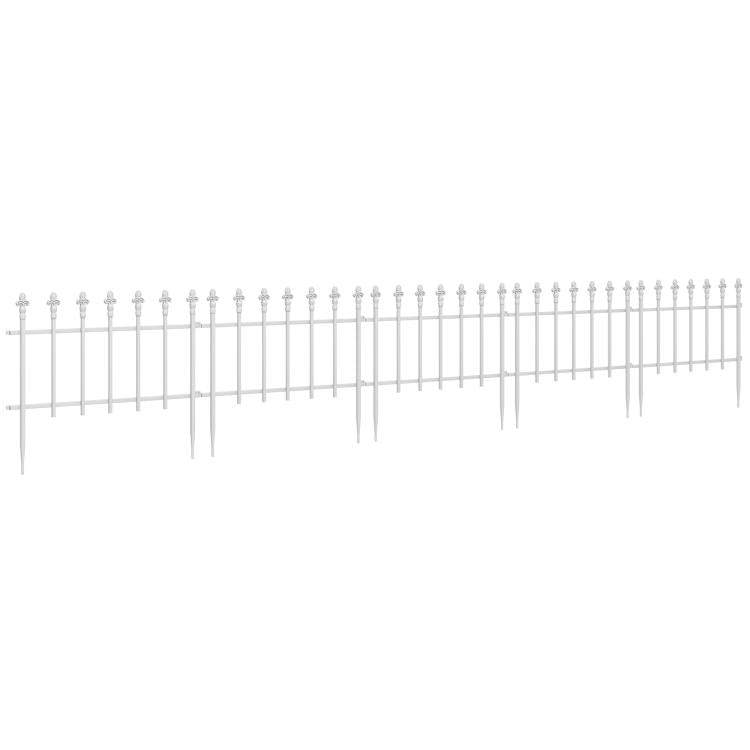White metal picket fence section with evenly spaced vertical posts and pointed tops