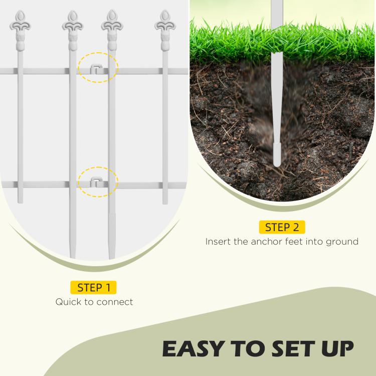 White metal fence setup with anchor pegs and connection points