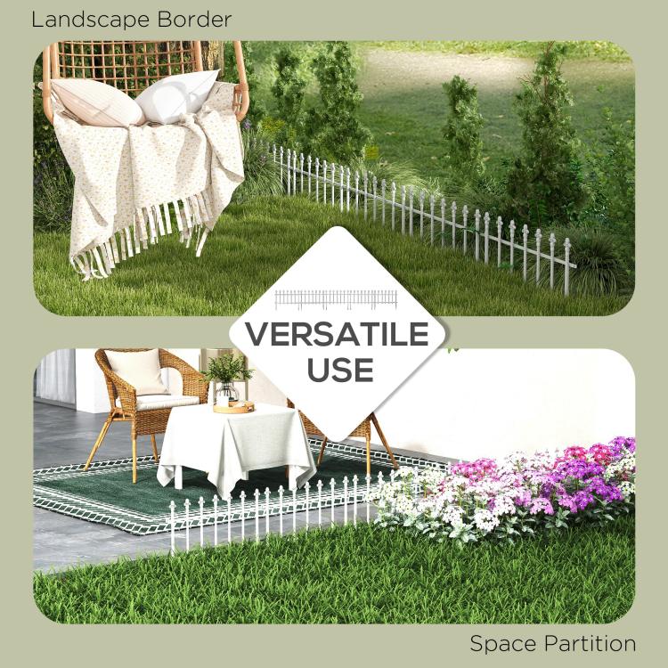White metal landscape border fence around yard flowers and a seating area