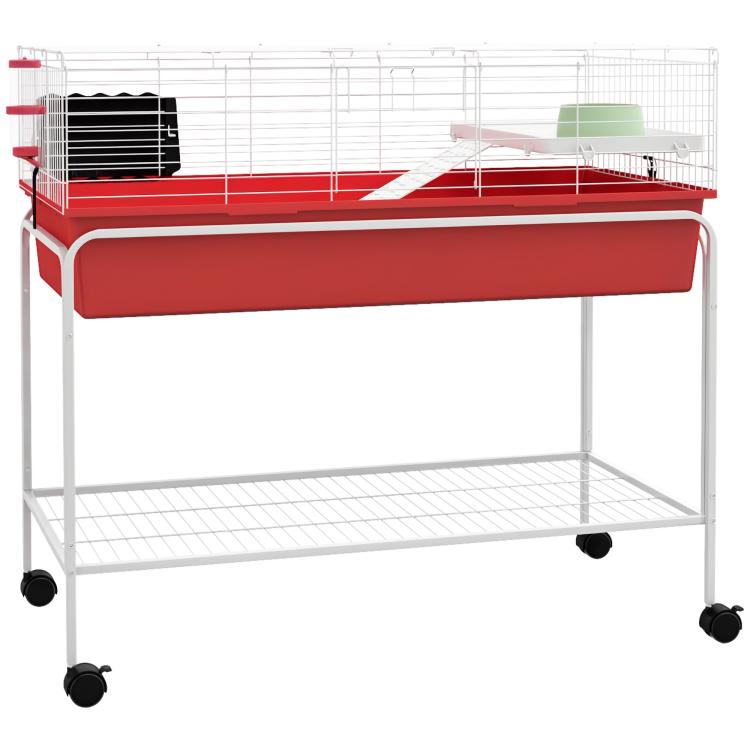 Two-story small animal cage with red tray, wire sides, and rolling base with shelf