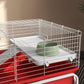 Two-story small animal cage with red base, white wire bars, green food bowl