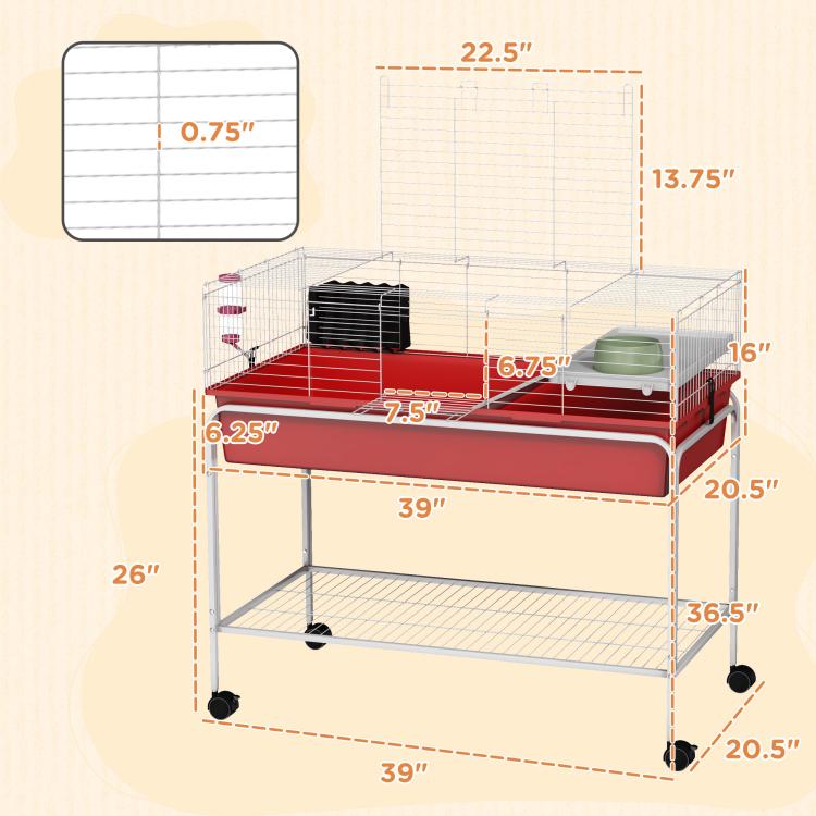 Red two-story small animal cage with wire sides and rolling base showing size dimensions