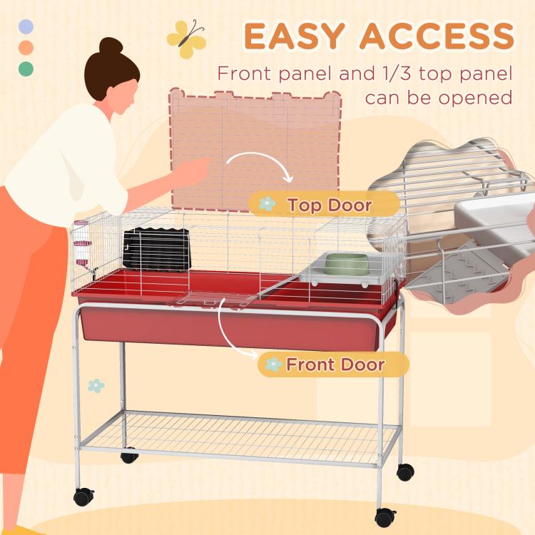 Red two-story small animal cage with front door and top door for easy access, on wheels