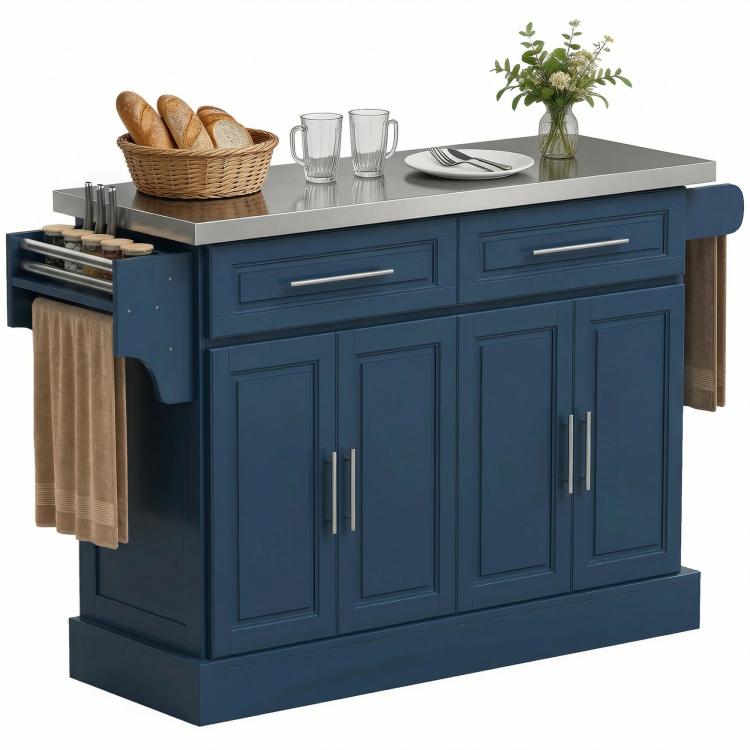 Rolling kitchen island with navy cabinets and stainless steel countertop, drawers and racks