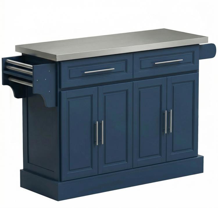 Navy kitchen island cart with stainless top, drawer, and cabinet doors, side open shelf