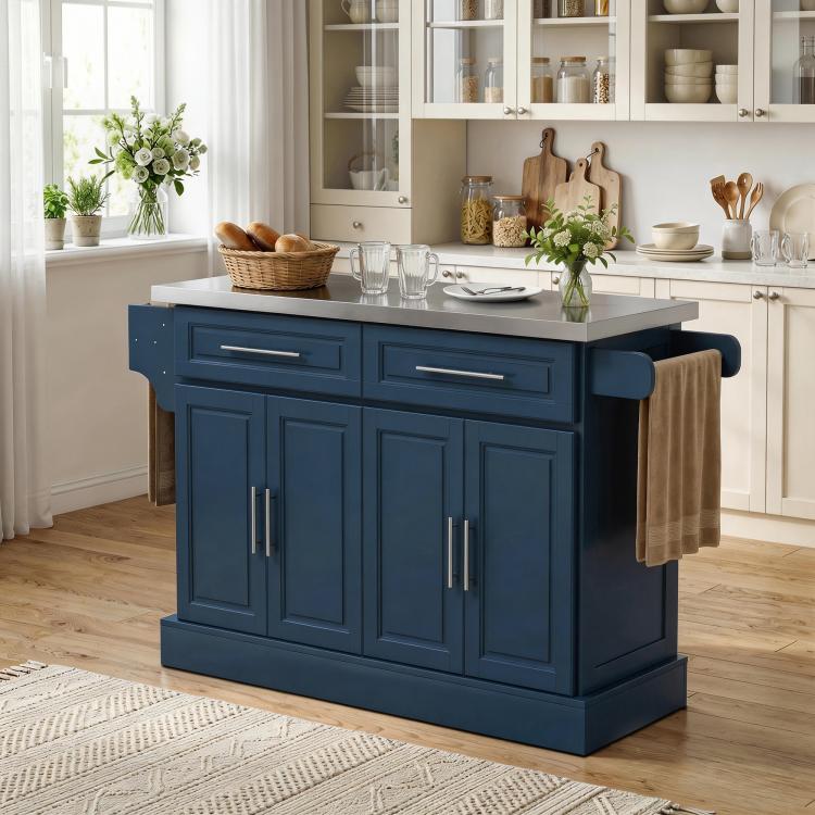 Rolling kitchen island with navy cabinets, stainless top, and cabinet storage with towel rack