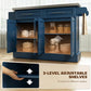Navy rolling kitchen island with two open cabinet compartments and shelves for storage