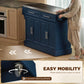 Navy rolling kitchen island with stainless top and four smooth-rolling wheels for easy movement