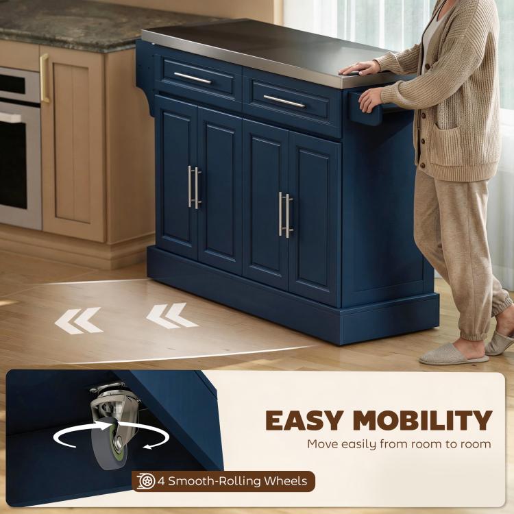 Navy rolling kitchen island with stainless top and four smooth-rolling wheels for easy movement