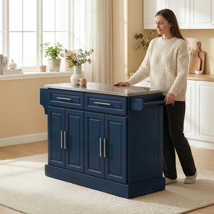 Rolling kitchen island in navy blue with stainless top, drawers, and cabinet doors for storage