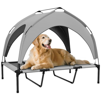 Elevated gray dog bed with canopy, black metal legs and mesh panels, dog lying inside