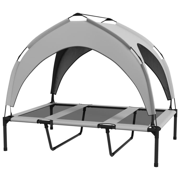 Gray raised dog bed with canopy top, black legs and dark mesh side panels