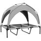 Raised dog bed with gray canopy and arched mesh panels, black frame and raised platform