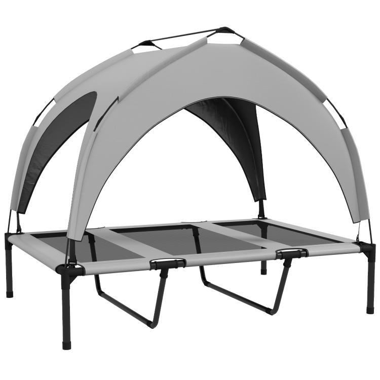Raised dog bed with gray canopy and arched mesh panels, black frame and raised platform
