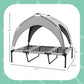 Gray elevated dog bed with removable canopy, shown with size measurements